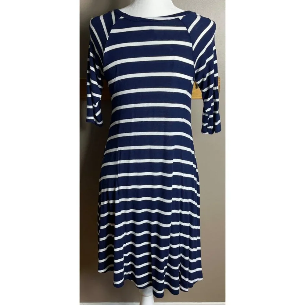 New Directions Dress Blue Stripe Knit Jersey Swing Trapeze Comfort Womens S - Picture 2 of 10
